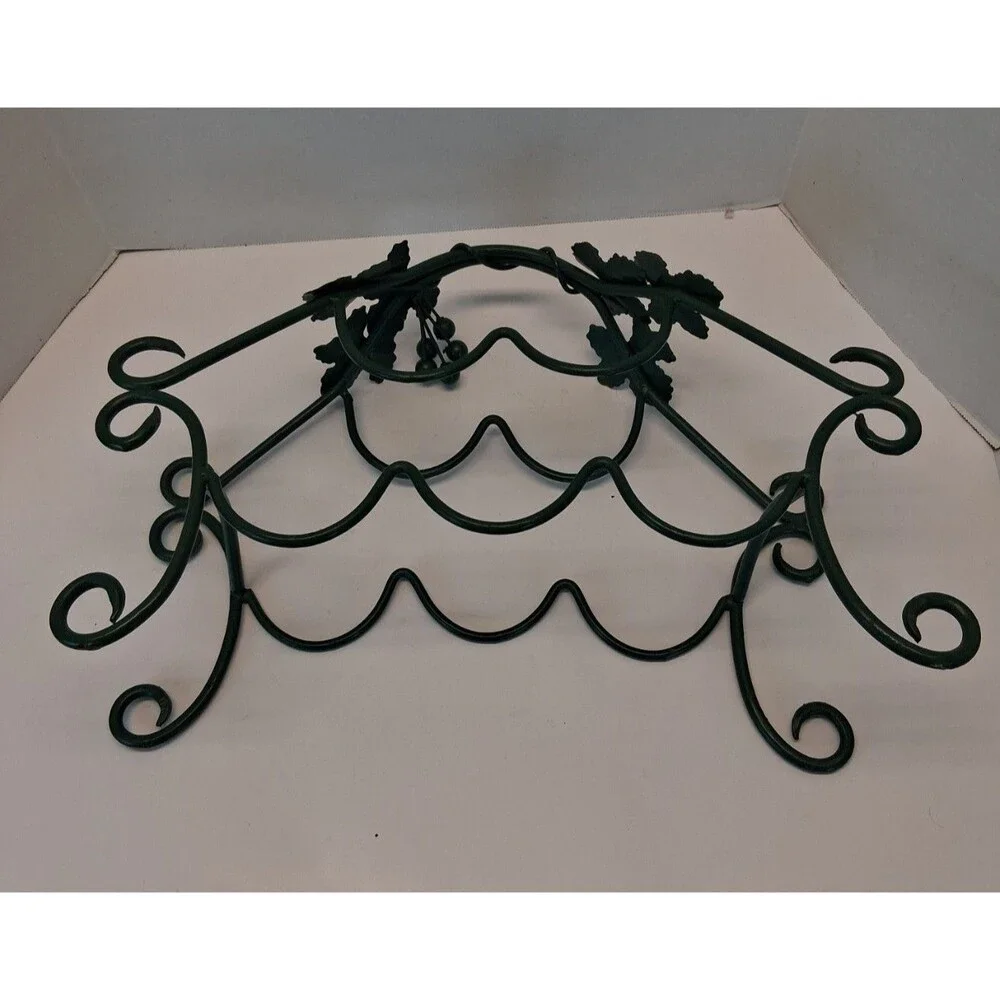 VTG Metal Grapevine Wine Rack Holder 5 Bottle Green Scrollwork Tabletop 1990s